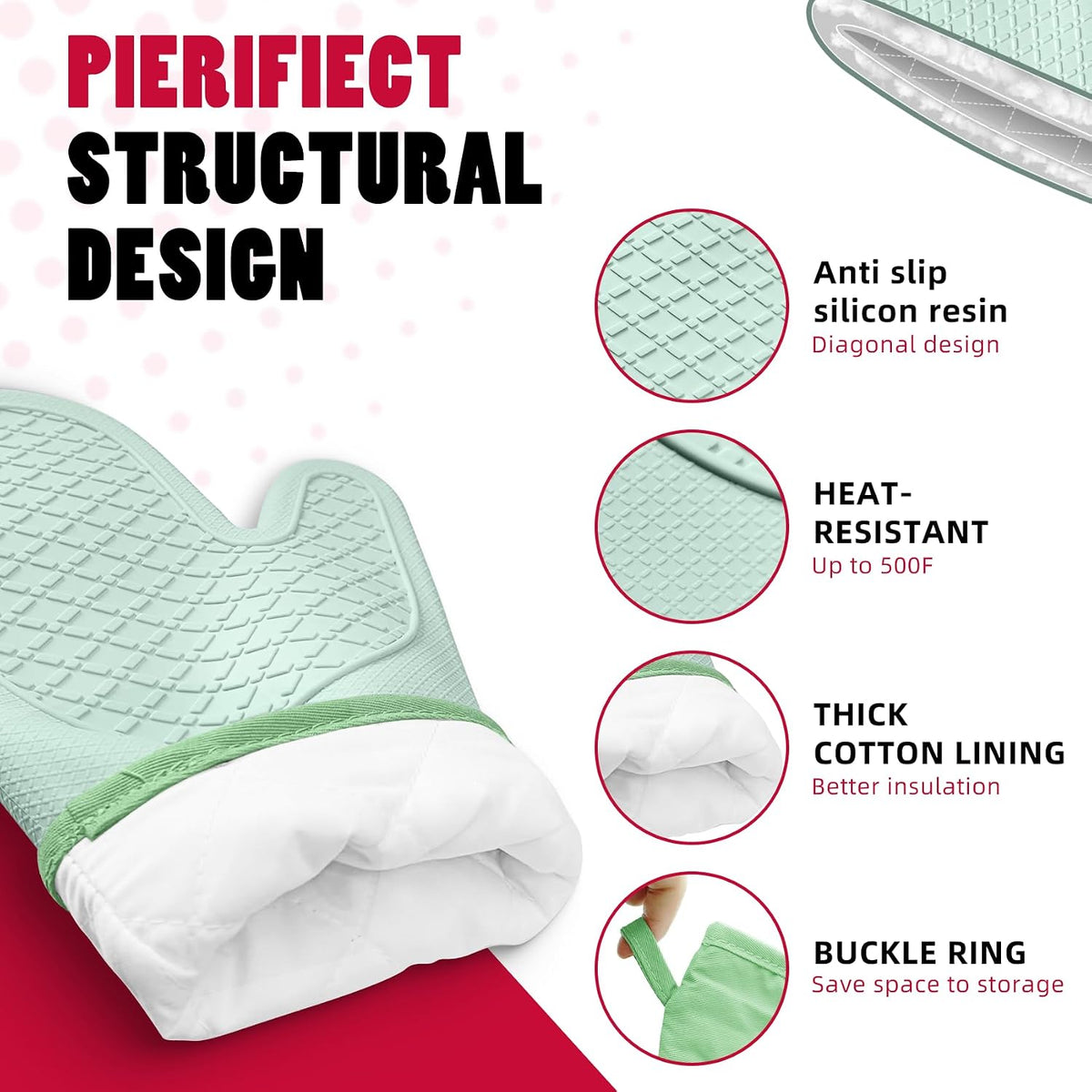 Silicone Oven Mitts，Heat Resistant up to 500°F, Oven Gloves with Soft Lining, Non-Slip Kitchen Essentials, Kitchen Gadgets, Apartment Essentials, Great Gift for Cooking (green-1pair)