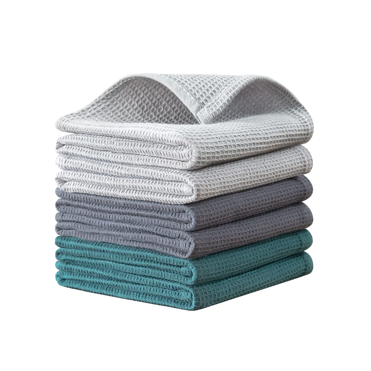 QUILTINA Dish Towels Set, 100% Cotton Waffle Weave Kitchen Towels 6 Pack, 17 x 25 Inches, Super Absorbent for Drying and Cleaning, Beige, Brown, Dark Grey