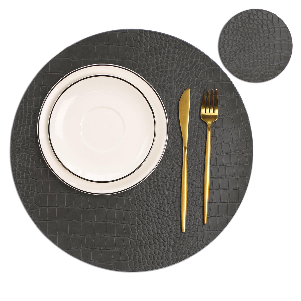 Round Leather Placemats for Round Tables Set of 4, Black Place Mats and Coasters, Washable Easy to Care for Indoor Decor 13" Diameter