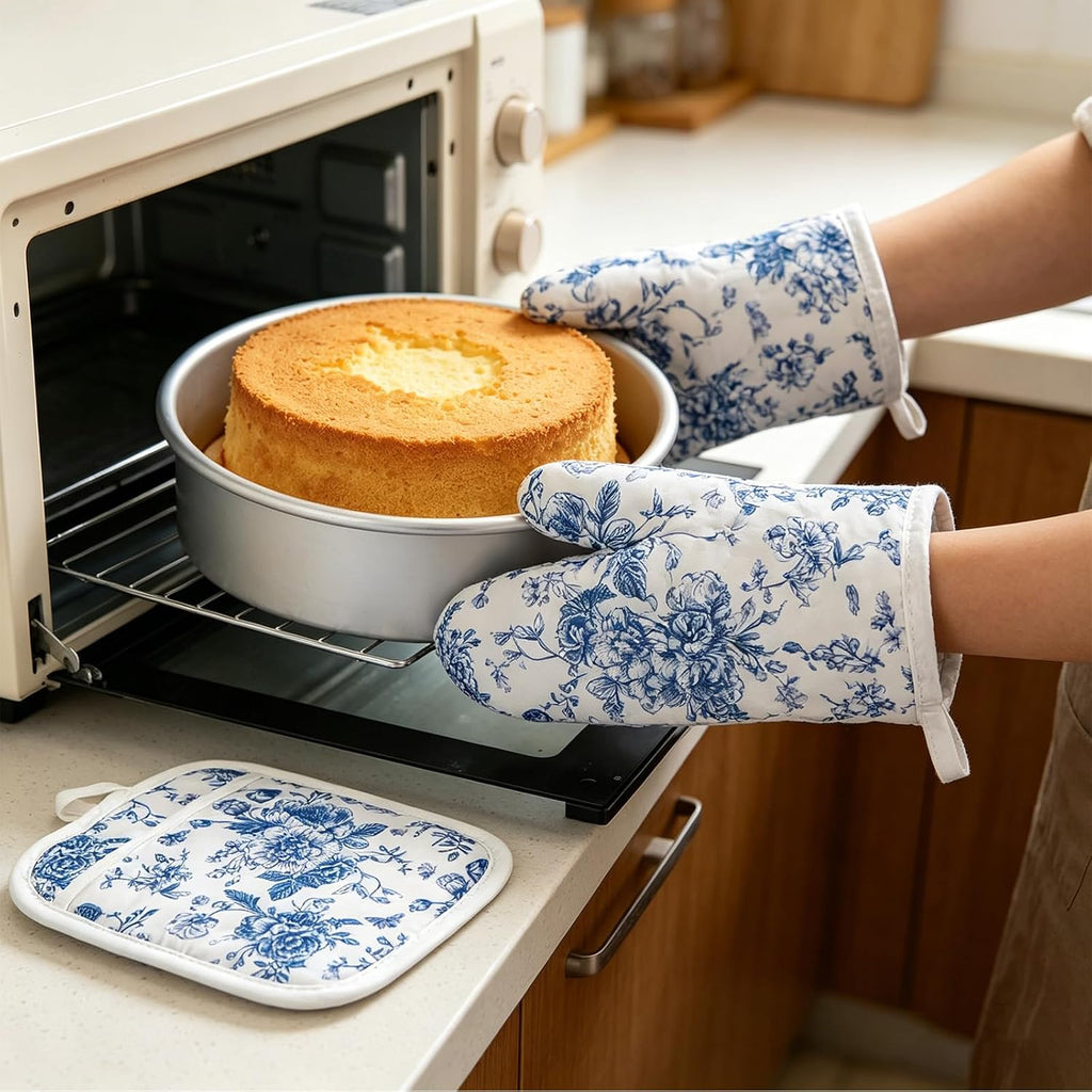 AnyDesign 4Pcs Blue Chinoiserie Floral Oven Mitts and Pot Holders Set