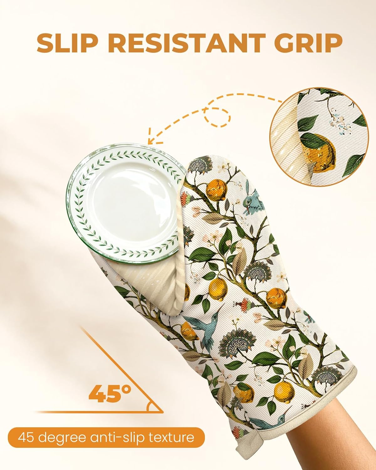 100% Thick Cotton Mini Oven Mitts Silicone Grip Lemon & Birds