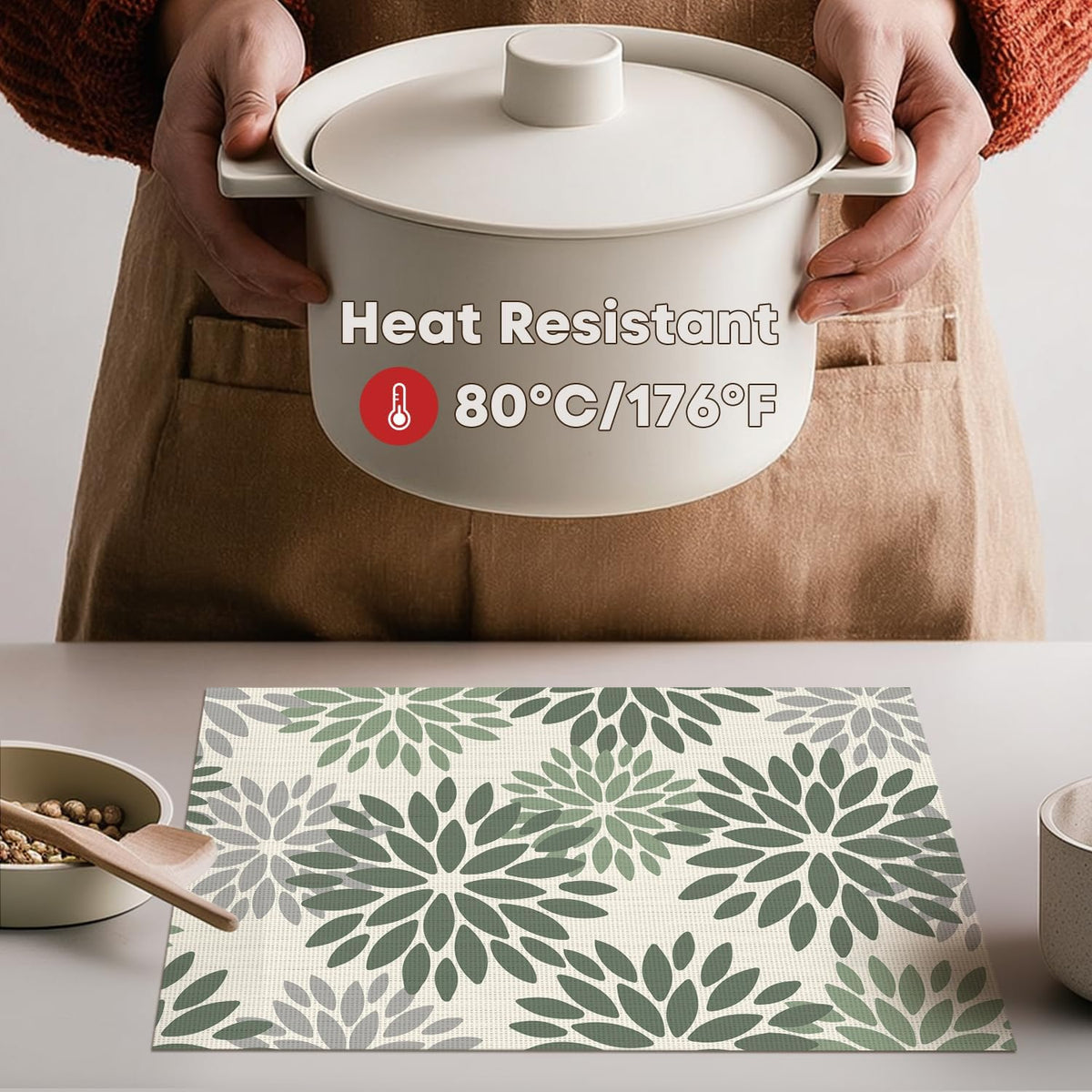 Artoid Mode Floral Vinyl Placemats Set of 4, 12x18 Inch Thanksgiving Washable Non-Slip Plastic Vinyl Place Mats for Party Kitchen Dining Decor, Olive Green