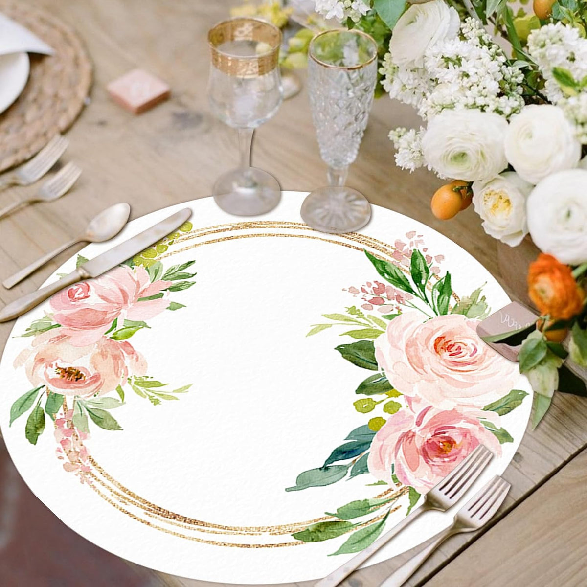 100 Pack Paper Placemats Disposable Pink Floral Wedding Disposable Placemats 13.7 Inch Rose Floral Round Place Mats Spring Summer Table Mats for Birthday Wedding Anniversary Bride Party Supplies