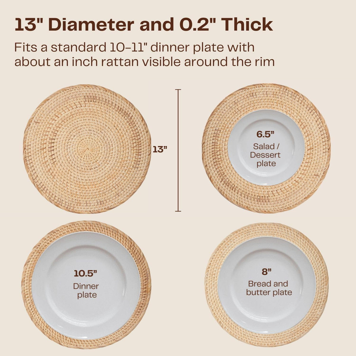 4-Pack Rattan Placemats - 13-inch Round Placemats (Natural Rattan Color) - Woven Place Mats, Round Table Mats - Wicker Chargers for Dinner Plates, Plate Chargers Boho