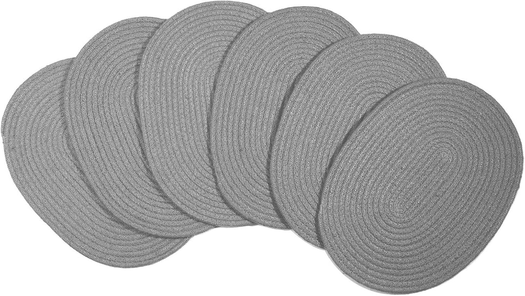 6 Pack Woven Placemats, 12x16 inches Gray Oval Plate Charger Cotton Heat Resistant Non-Slip Weave Place mats Farmhouse Straw Braided Rattan Tablemats Wicker Placemats for Dining Table