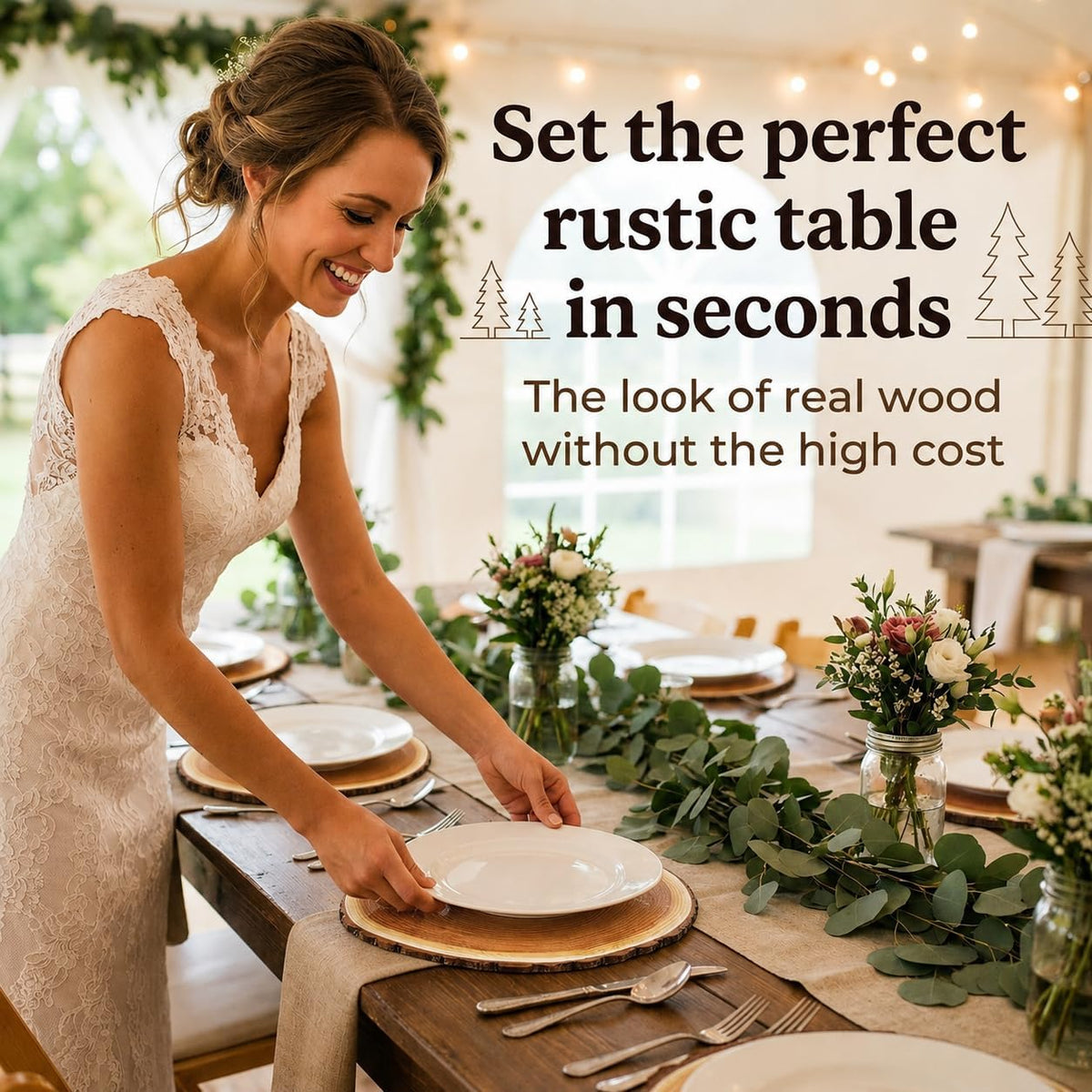 100 Rustic Wood Slice Paper Placemats 13.5 Inch Round Disposable Mats