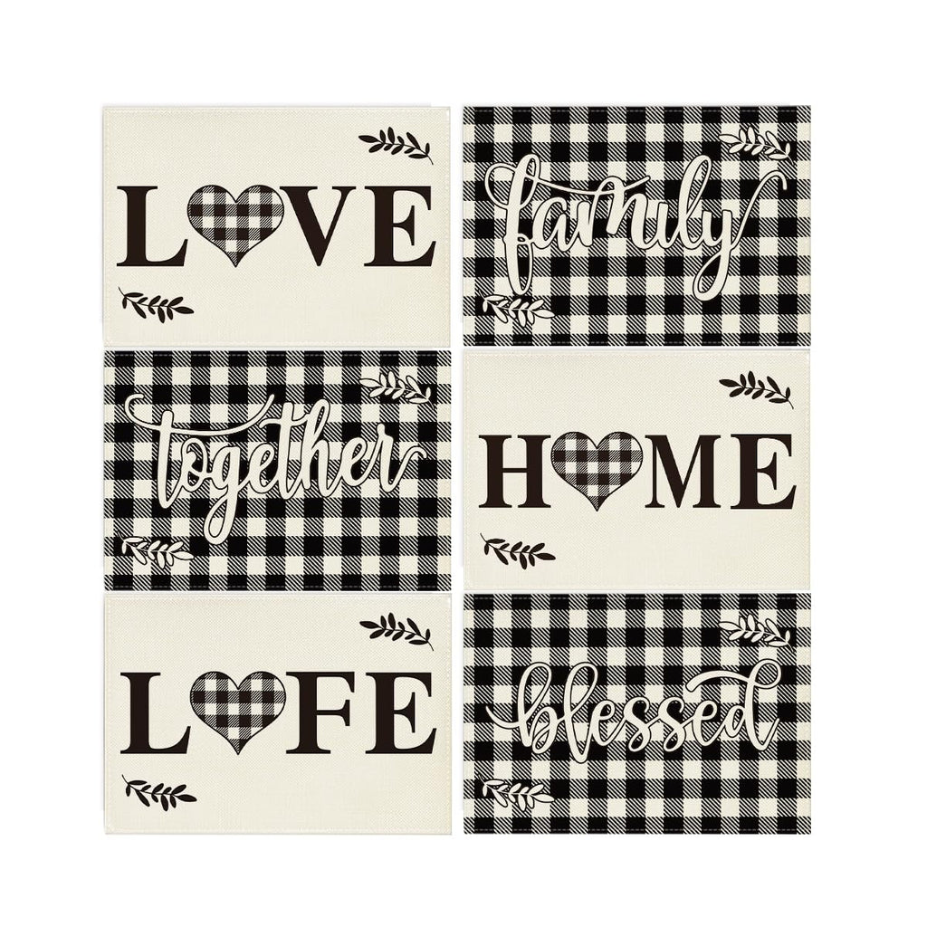 Artoid Mode Wood Love Family Home Together Buffalo Plaid Placemats Set of 4, 12x18 Inch Farmhouse Table Mats Party Kitchen Dining Decoration