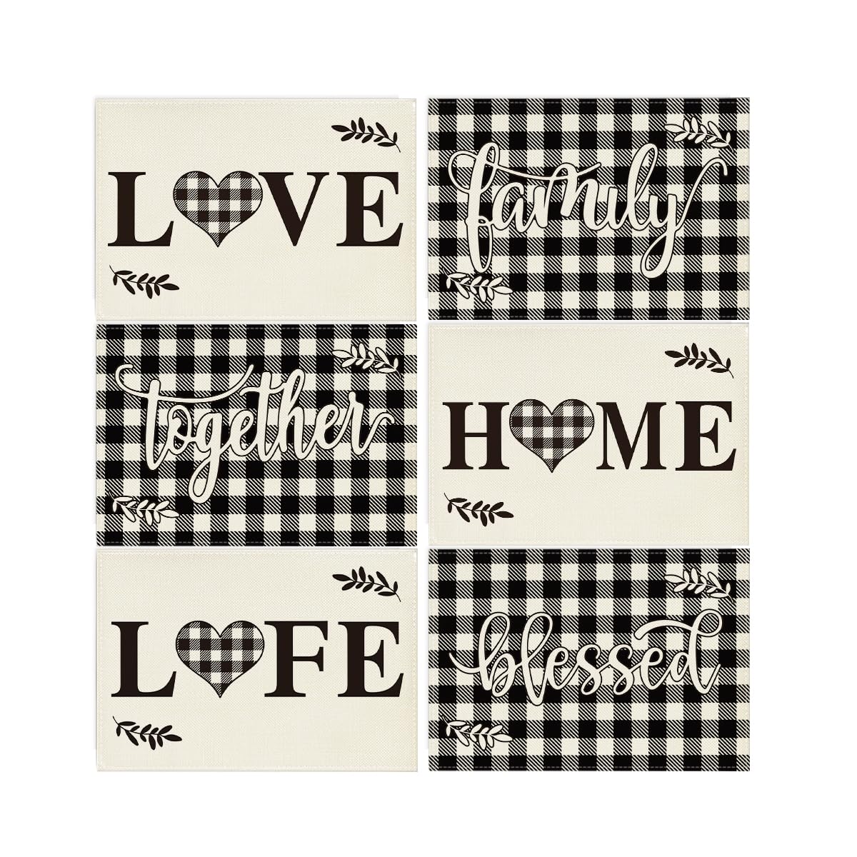 Artoid Mode Wood Love Family Home Together Buffalo Plaid Placemats Set of 4, 12x18 Inch Farmhouse Table Mats Party Kitchen Dining Decoration