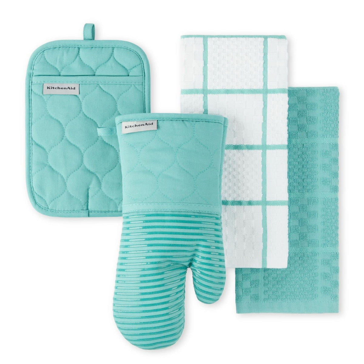 KITCHENAID Quilted Cotton Terry Cloth Oven Mitt, Pot Holder, Kitchen Towel 4-Pack Set, Heat Resistant, Silicone Grip, 16"x26", 7"x13" & 7"x10", Milkshake Tan