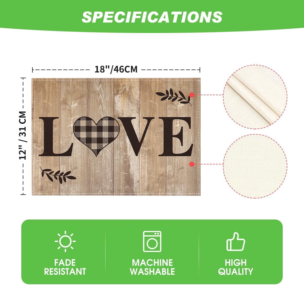 Artoid Mode Wood Love Family Home Together Buffalo Plaid Placemats Set of 4, 12x18 Inch Farmhouse Table Mats Party Kitchen Dining Decoration