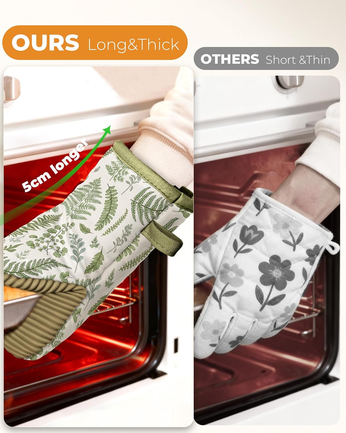 100% Thick Cotton Oven Mitts Ribbed Soft Silicone Natural Leaf