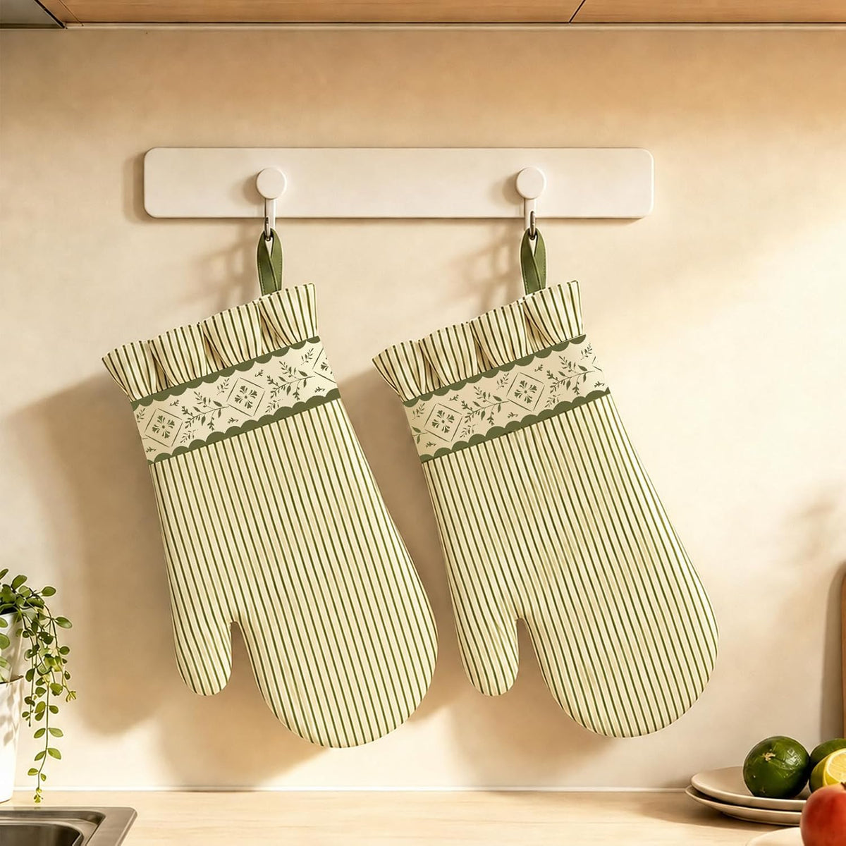 AnyDesign 2Pcs Vintage Stripe Greenery Oven Mitts, Beige Extended Short