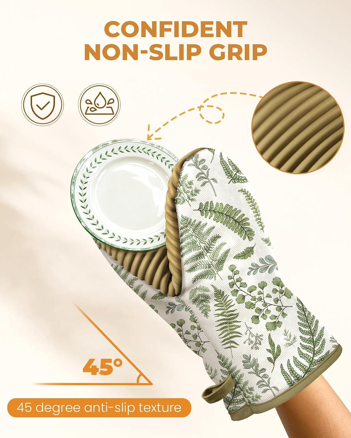 100% Thick Cotton Oven Mitts Ribbed Soft Silicone Natural Leaf