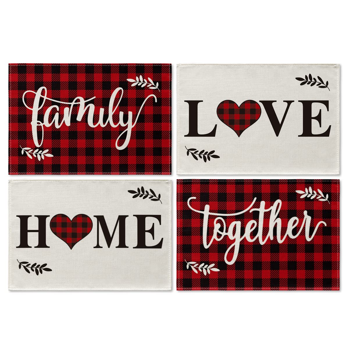Artoid Mode Wood Love Family Home Together Buffalo Plaid Placemats Set of 4, 12x18 Inch Farmhouse Table Mats Party Kitchen Dining Decoration