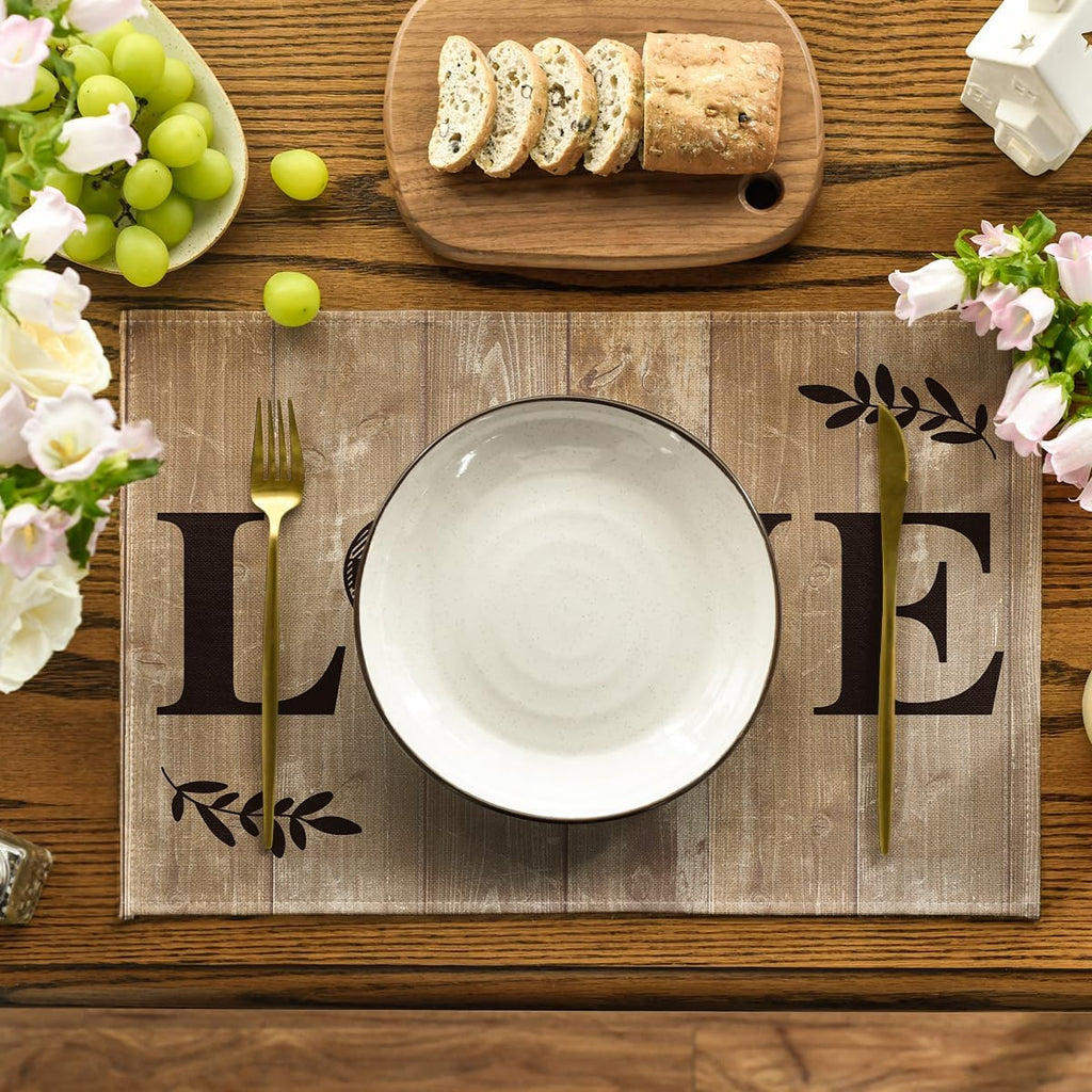 Artoid Mode Wood Love Family Home Together Buffalo Plaid Placemats Set of 4, 12x18 Inch Farmhouse Table Mats Party Kitchen Dining Decoration