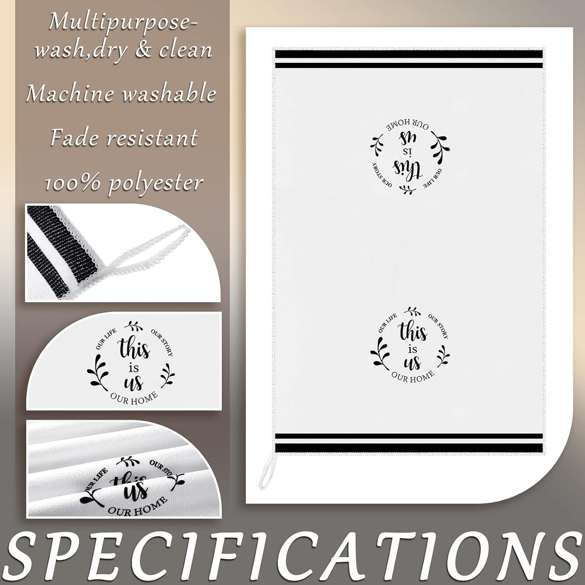 Honoson 4 Pack Black Stripe Kitchen Towels with Home Sweet Home Print