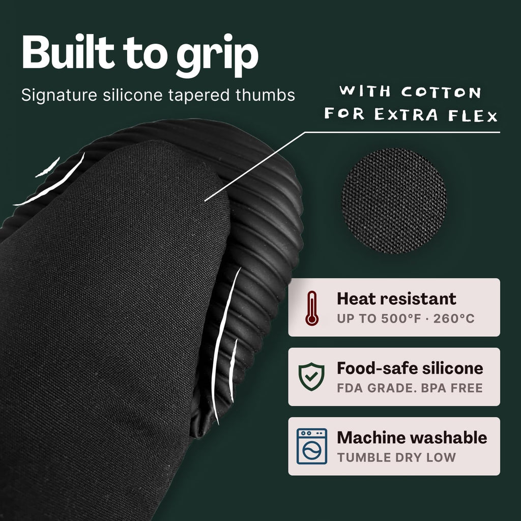 MagMitt Magnetic Oven Mitts & Pot Holder 3 Pc Set, High Heat Silicone Black