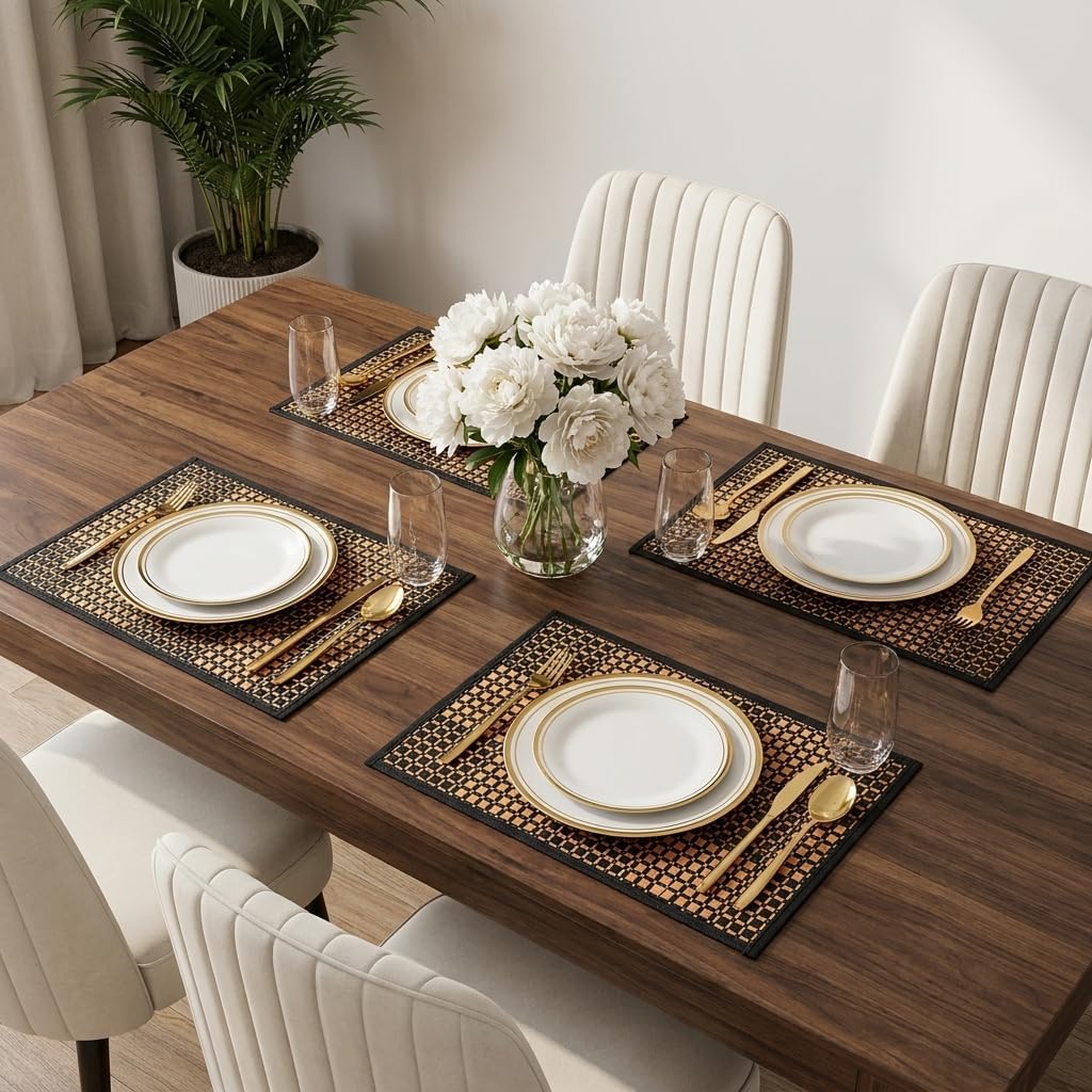 Eorbow 8 Pack Bamboo Placemats, Natural Anti-Slip Dining Table Mats, Heat-Resistant Place Mats, Japanese Style Washable Placemats for Dining Room, Kitchen, Restaurant, 18 x 12 Inch