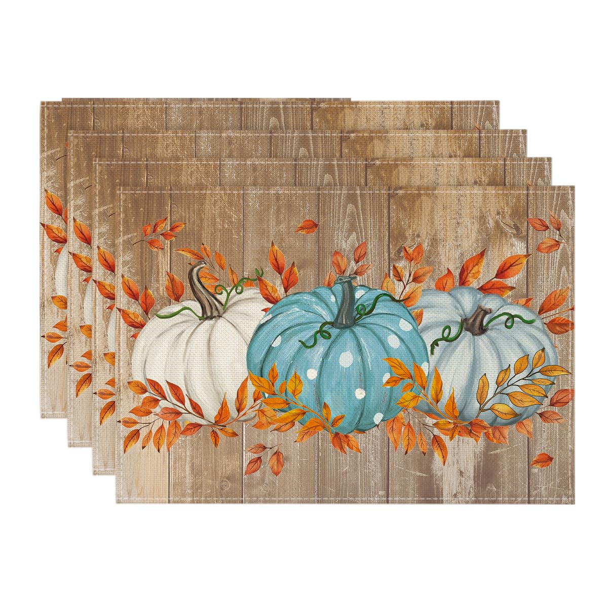 Artoid Mode Pumpkins Eucalyptus Leaves Fall Placemats Set of 4, 12x18 Inch Autumn Thanksgiving Harvest Vintage Table Mat for Party Dining Decoration