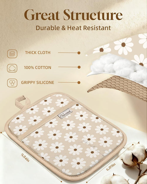 100% Cotton Potholders Textured Soft Silicone Grip Daisy Gingham