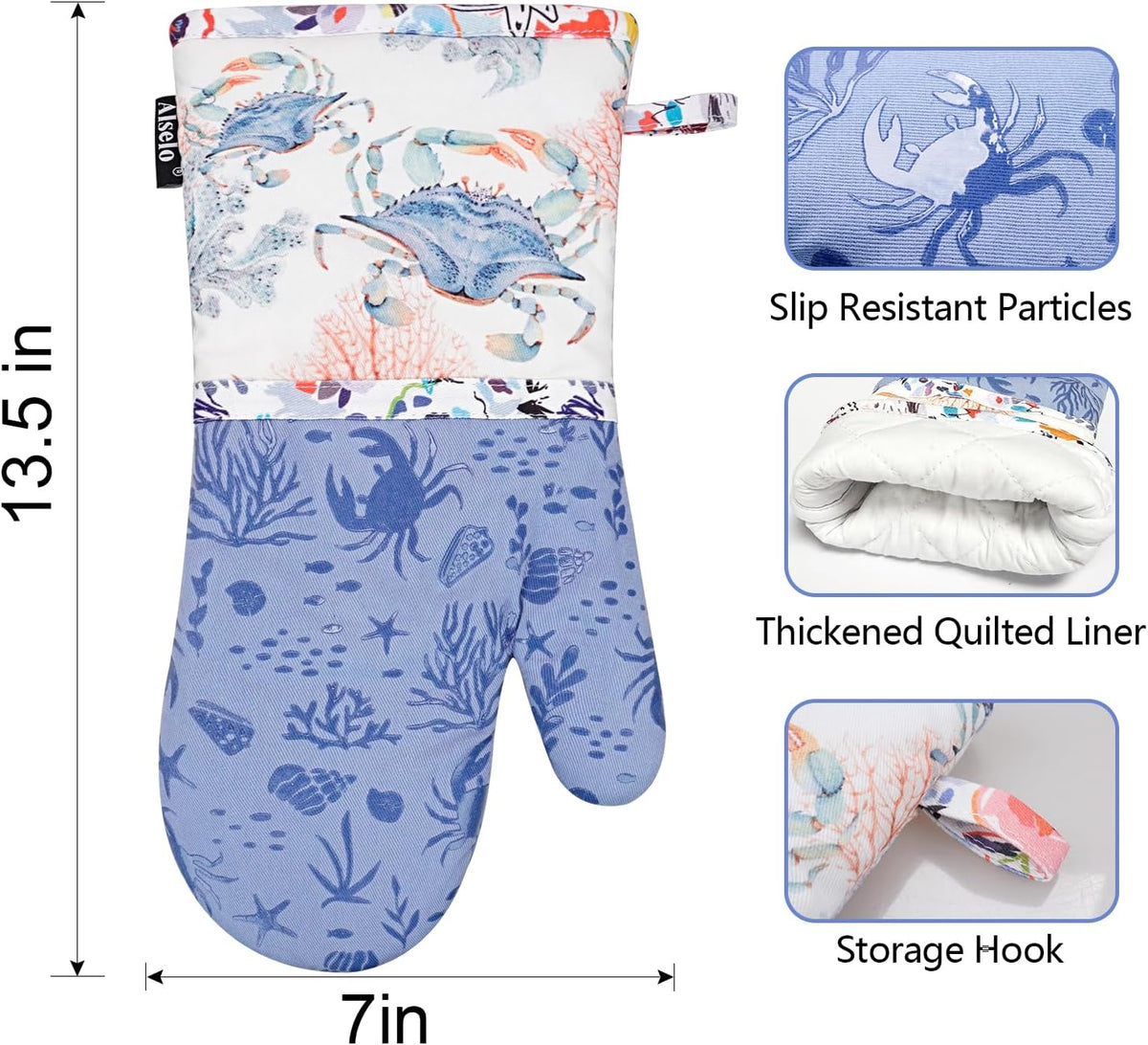 Alselo Oven Mitts 1 Pair, Silicone Printed Kitchen Mittens,7"x13.5"
