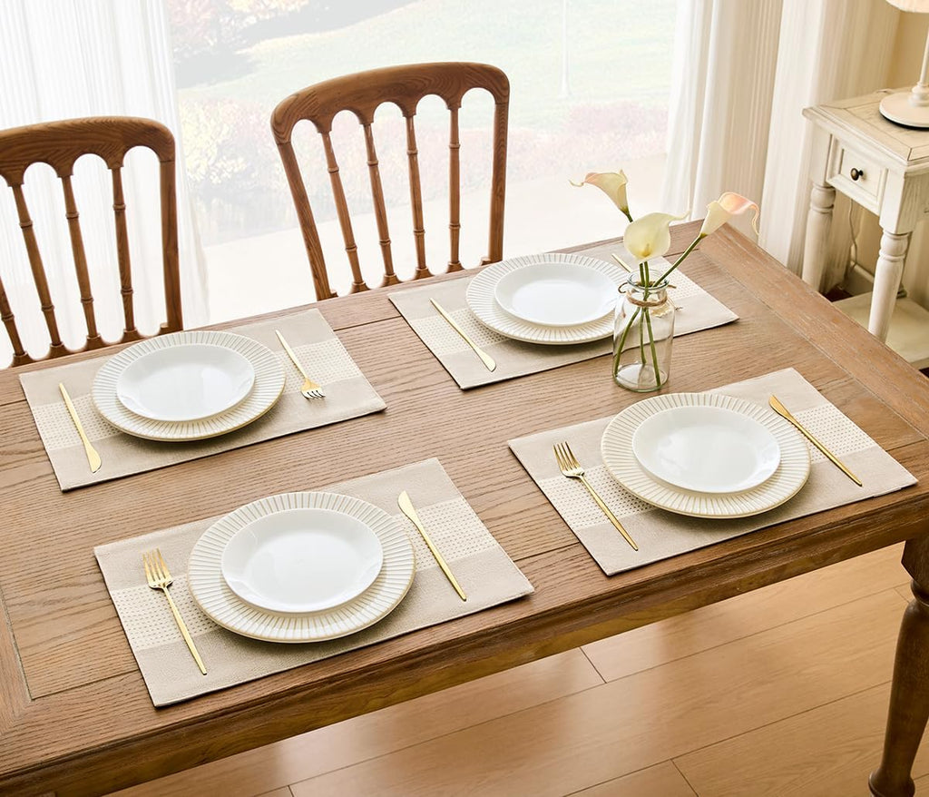 Wracra Linen Placemats, 12 x 18 Inch Set of 4 Placemats, Farmhouse Macrame Place Mats for Kitchen Table and Heat Resistant-Hemstitch Light Coffee 4PCS