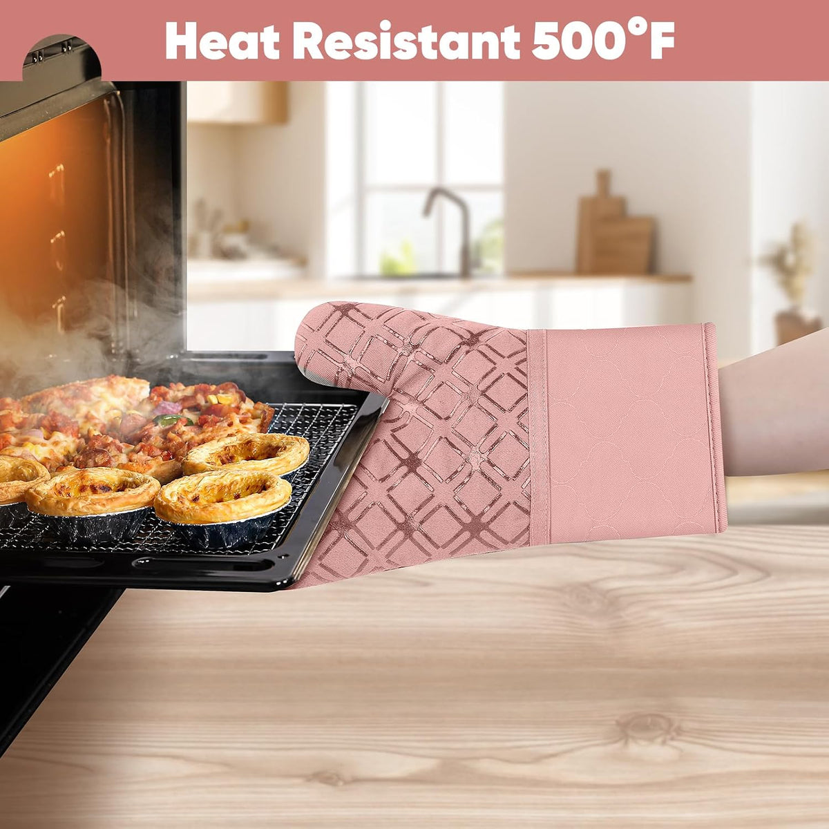 Oven Mitts and Pot Holders Set with Dishcloths, 500 Degree Heat Resistant Oven Gloves and Hot Pads, Premium Soft Cotton Kitchen Mittens and Dish Cloth Sets-Pink