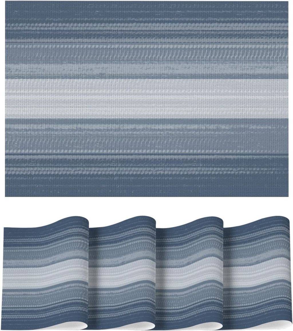 Artoid Mode Navy Blue Gradient Stripes Placemats Set of 4, Washable Heat Resistant Non-Slip Woven Plastic PVC Place Mats for Farmhouse Party Kitchen Dining Decor