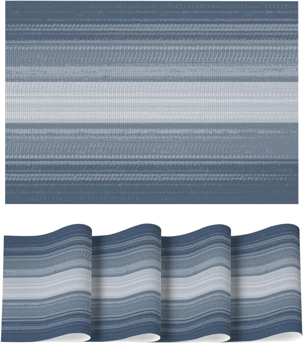 Artoid Mode Navy Blue Gradient Stripes Placemats Set of 4, Washable Heat Resistant Non-Slip Woven Plastic PVC Place Mats for Farmhouse Party Kitchen Dining Decor