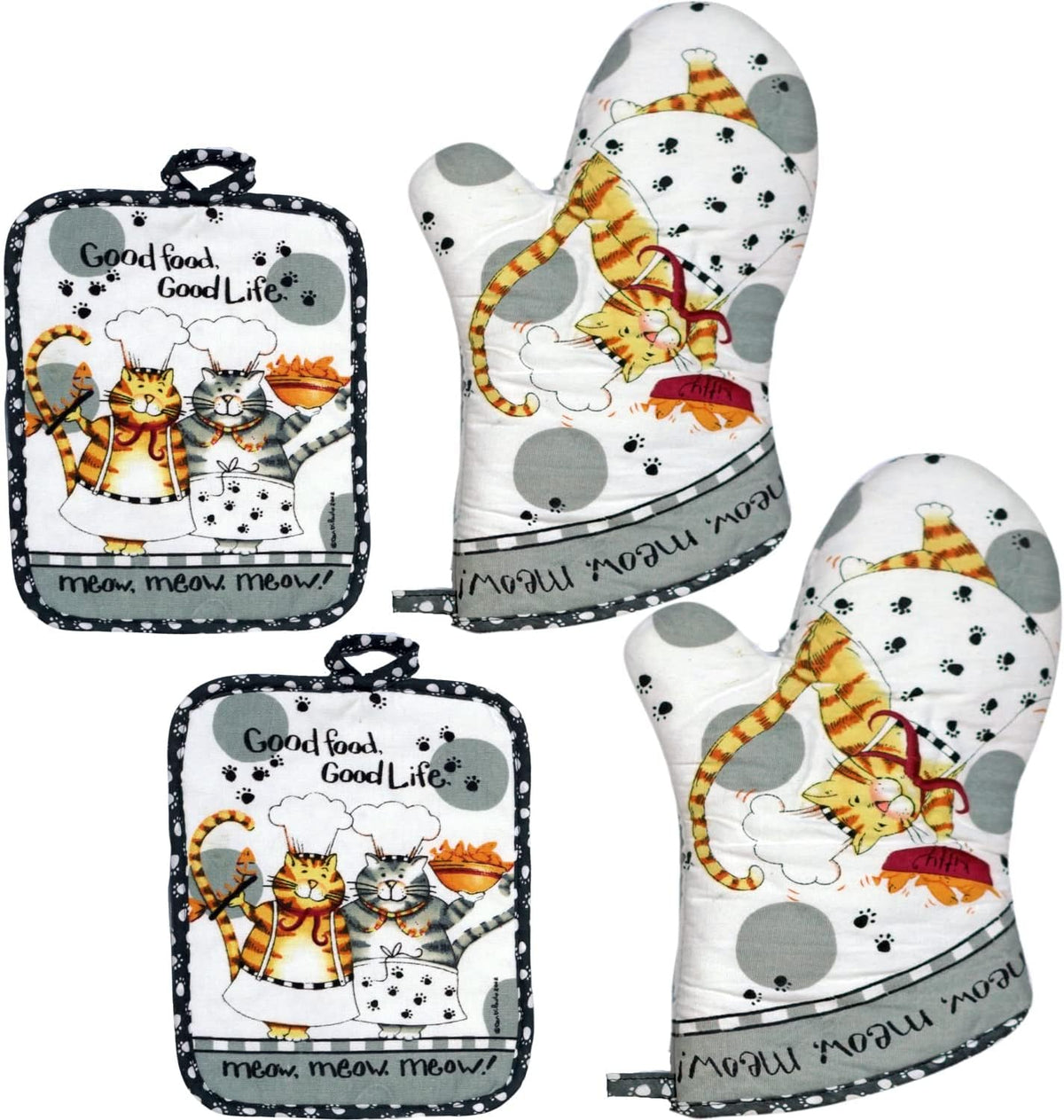 Oven Mitts and Pot Holders Sets, Funny Kitchen Oven Mitts Heat Resistant of 500 Degrees, Pure Cotton Hot Pads and Oven Mitts Sets for Baking,Cooking,BBQ Grilling-White Cat(4Pcs Set)