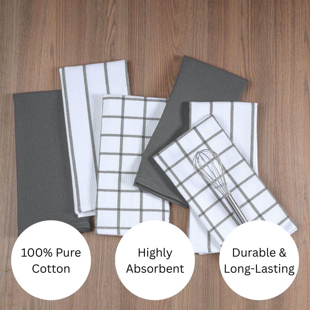 Assorted Waffle Kitchen Towels 100% Cotton Set of 6 - Heavy Duty 320 GSM Quality Dish Cloths Towel - Soft Absorbent Washable for Kitchen Use - Quick Drying Dish Towel 16x26 inch Grey