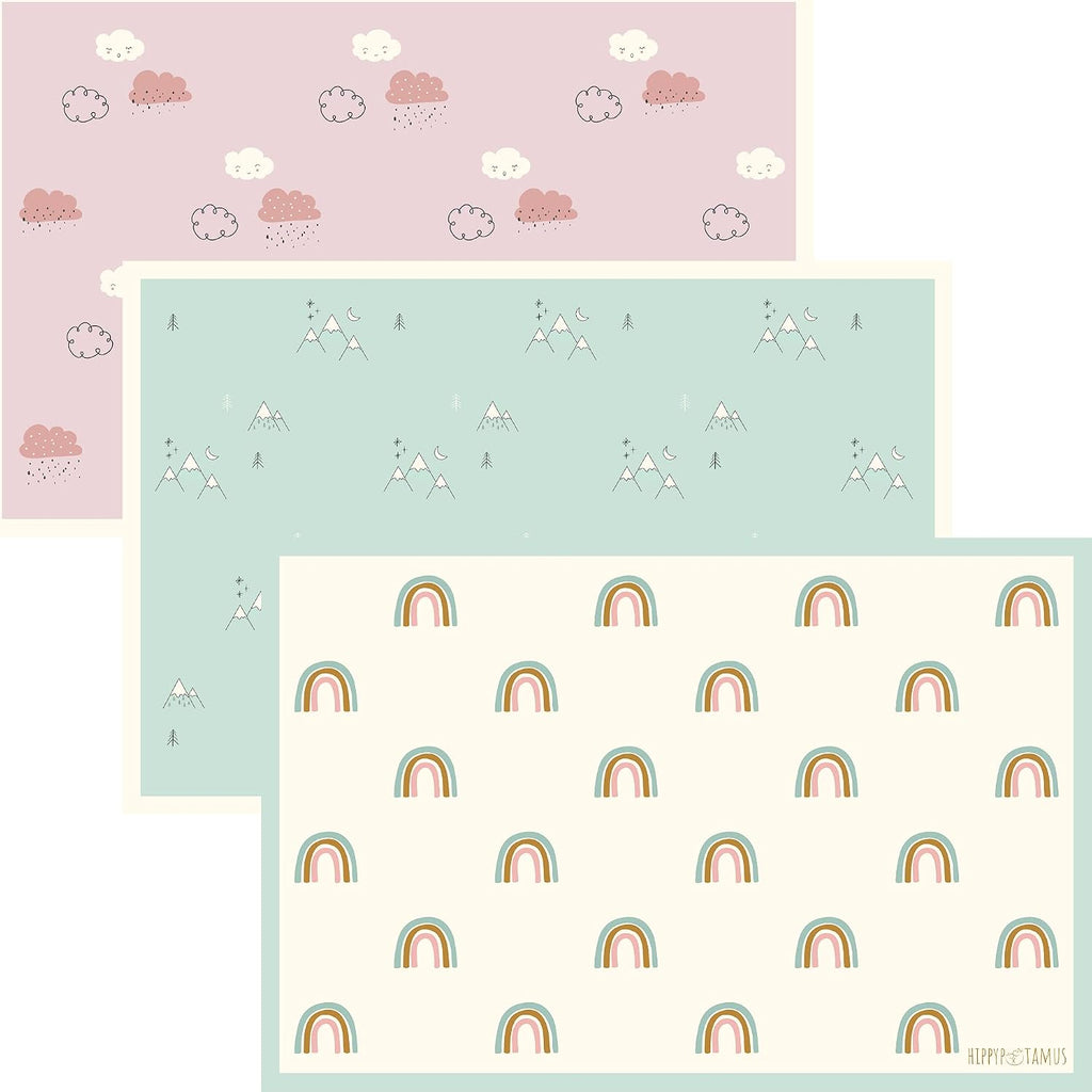 Hippypotamus Disposable Placemats Baby - Pack of 45 BPA Free Table Toppers for Kids and Toddlers - Extra Sticky Travel Mat for Restaurant (Cream/Sage/Blush)