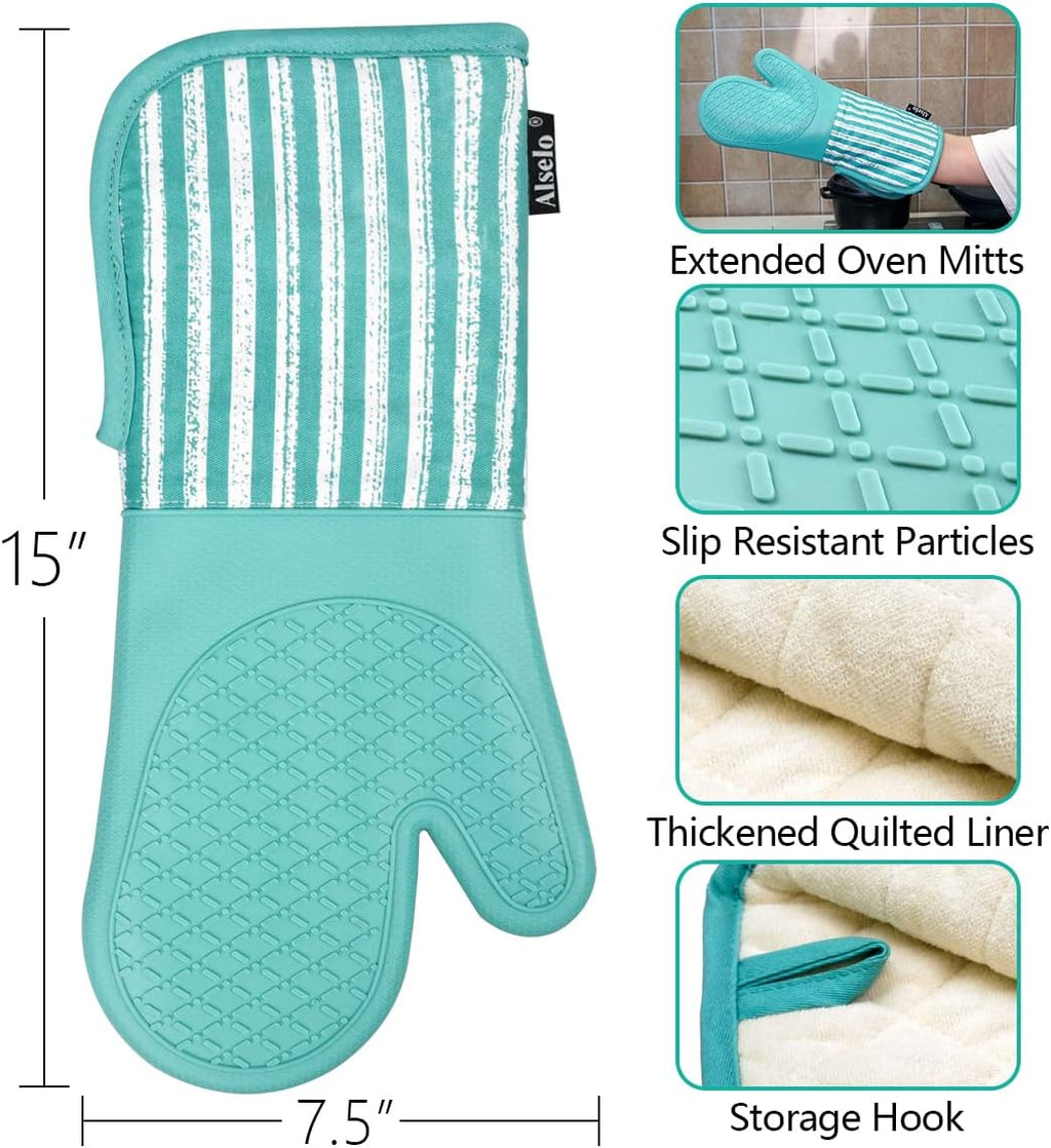 Alselo Silicone Oven Mitts Heat Resistant 932℉ with Waterproof & Non-Slip