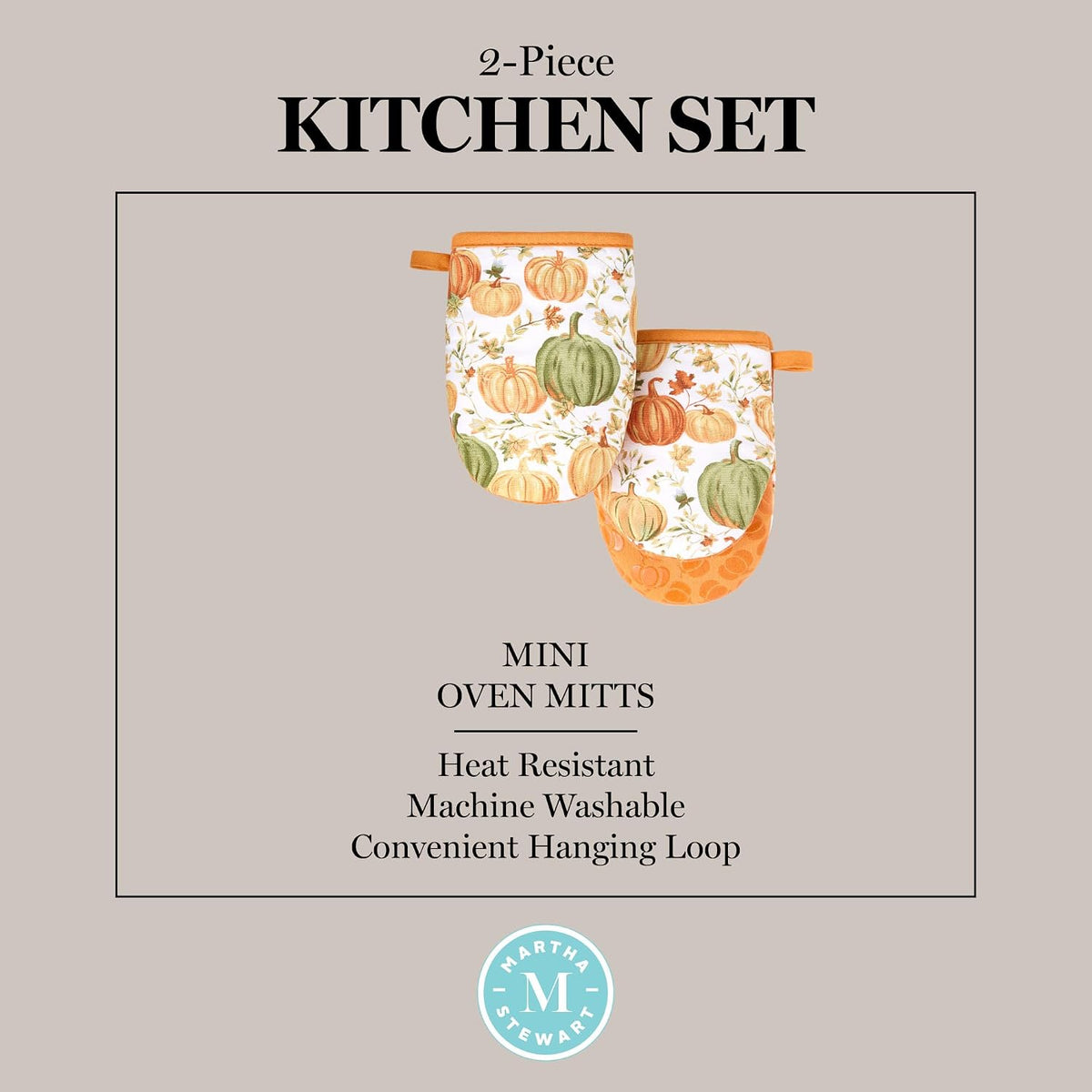 MARTHA STEWART Autumn Harvest Pumpkins Mini Oven Mitt 2-Pack Set, 100% Cotton with Decorative Non-Slip Silicone Grip, Heat Resistant, Orange/Green/Ivory, 5.5"X8"