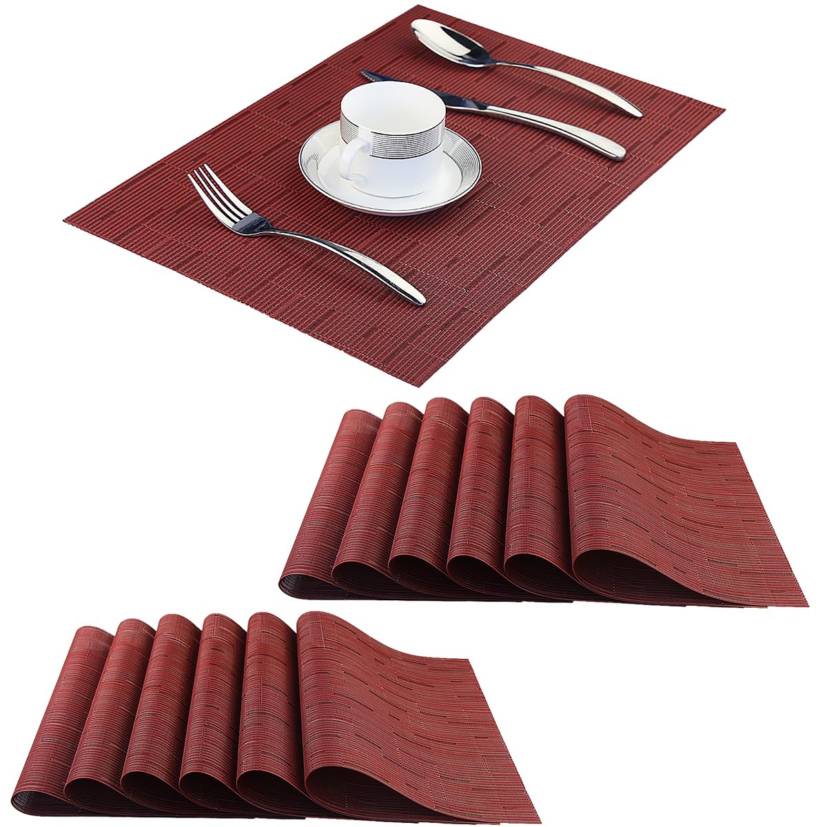 PIGCHCY Placemats,Washable Vinyl Woven Table Mats,Elegant Durable Placemats for Dining Table Set of 6 (Bamboo-Brown)