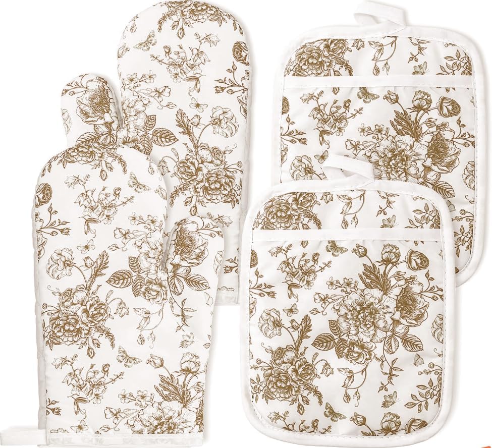 AnyDesign 4Pcs Blue Chinoiserie Floral Oven Mitts and Pot Holders Set