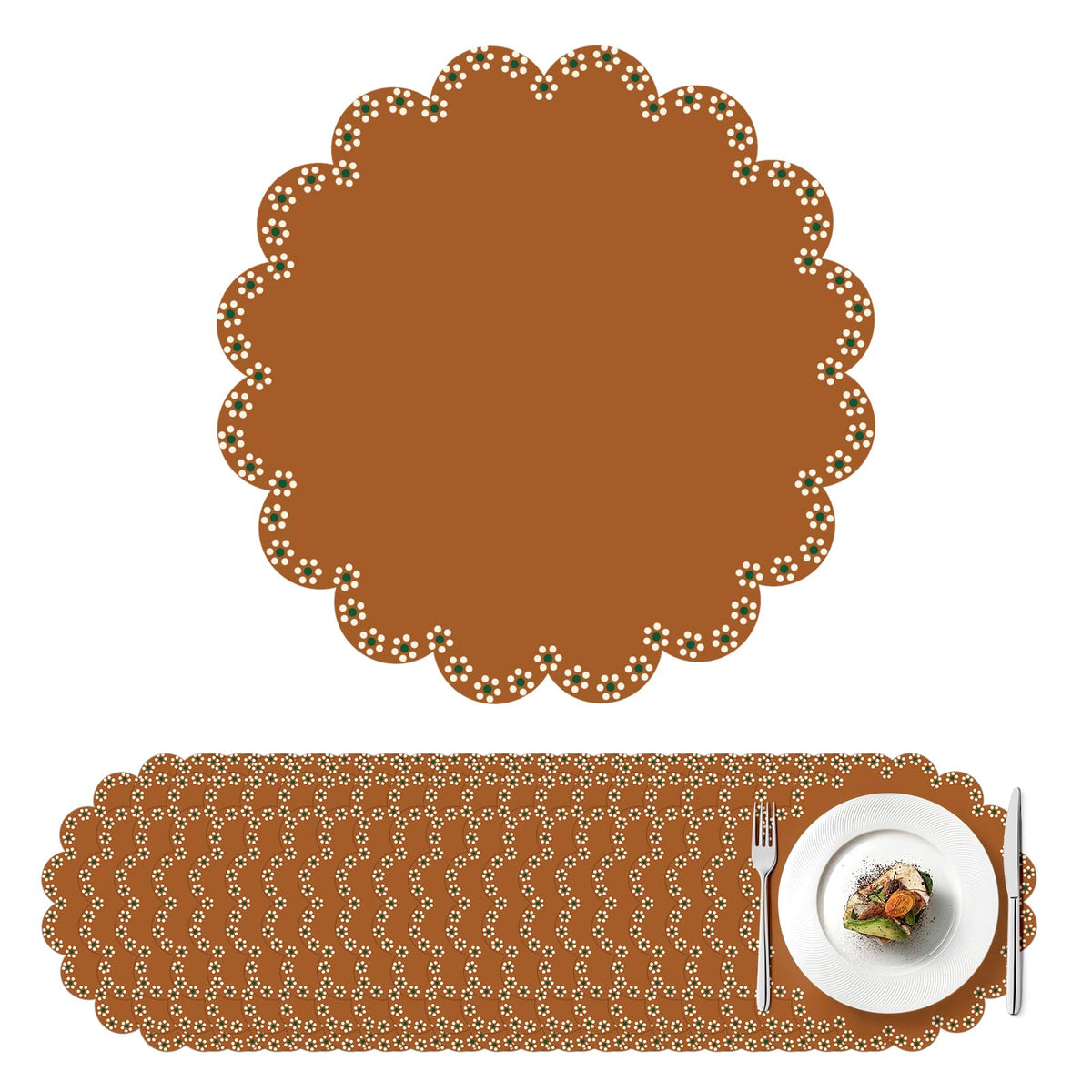 100 Pcs Fall Floral Paper Placemats 13.5 Inches Scalloped Brown Floral Paper Placemats Disposable Autumn Wildflower Place Mats for Wedding Bridal Baby Shower Thanksgiving Harvest Party Supplies