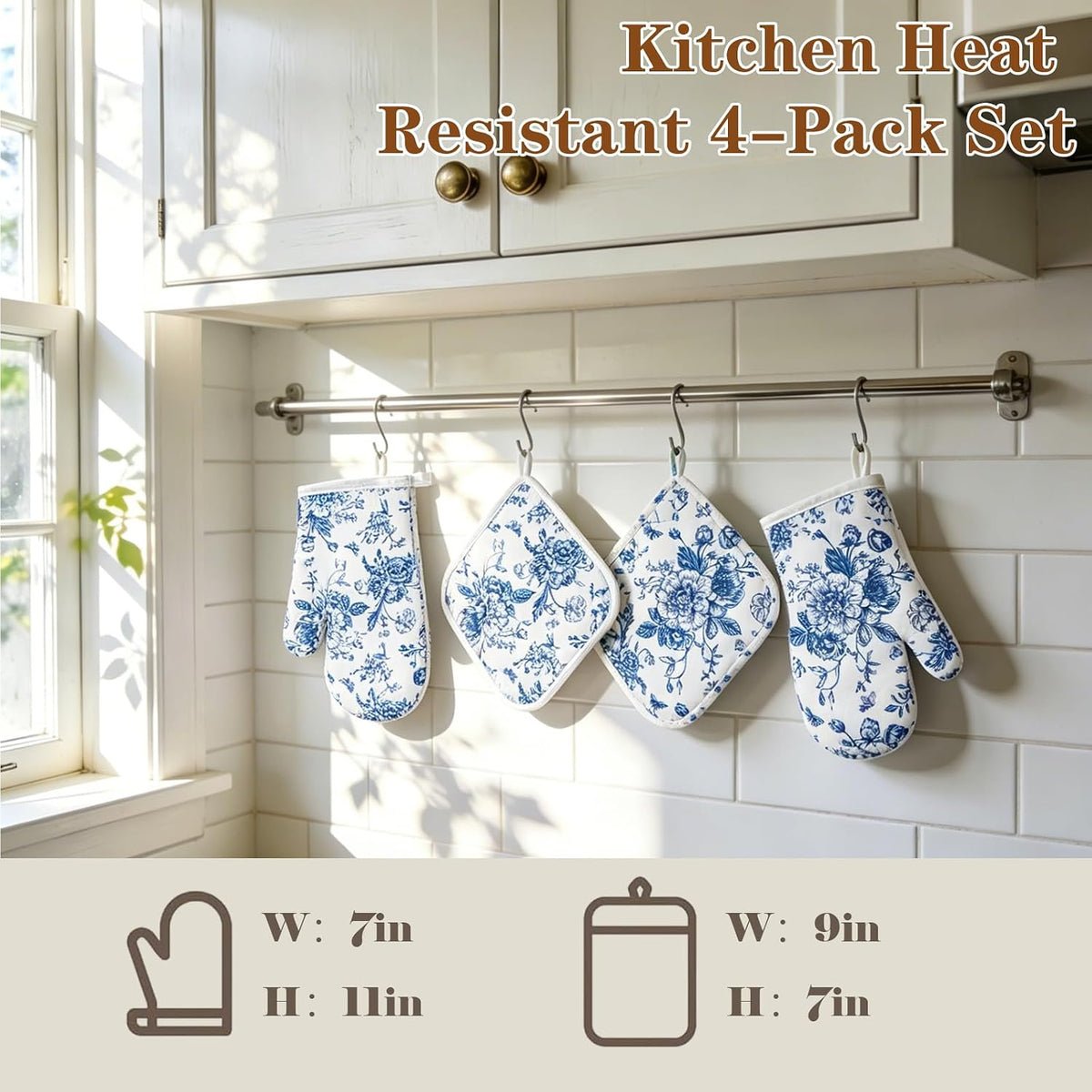 AnyDesign 4Pcs Blue Chinoiserie Floral Oven Mitts and Pot Holders Set