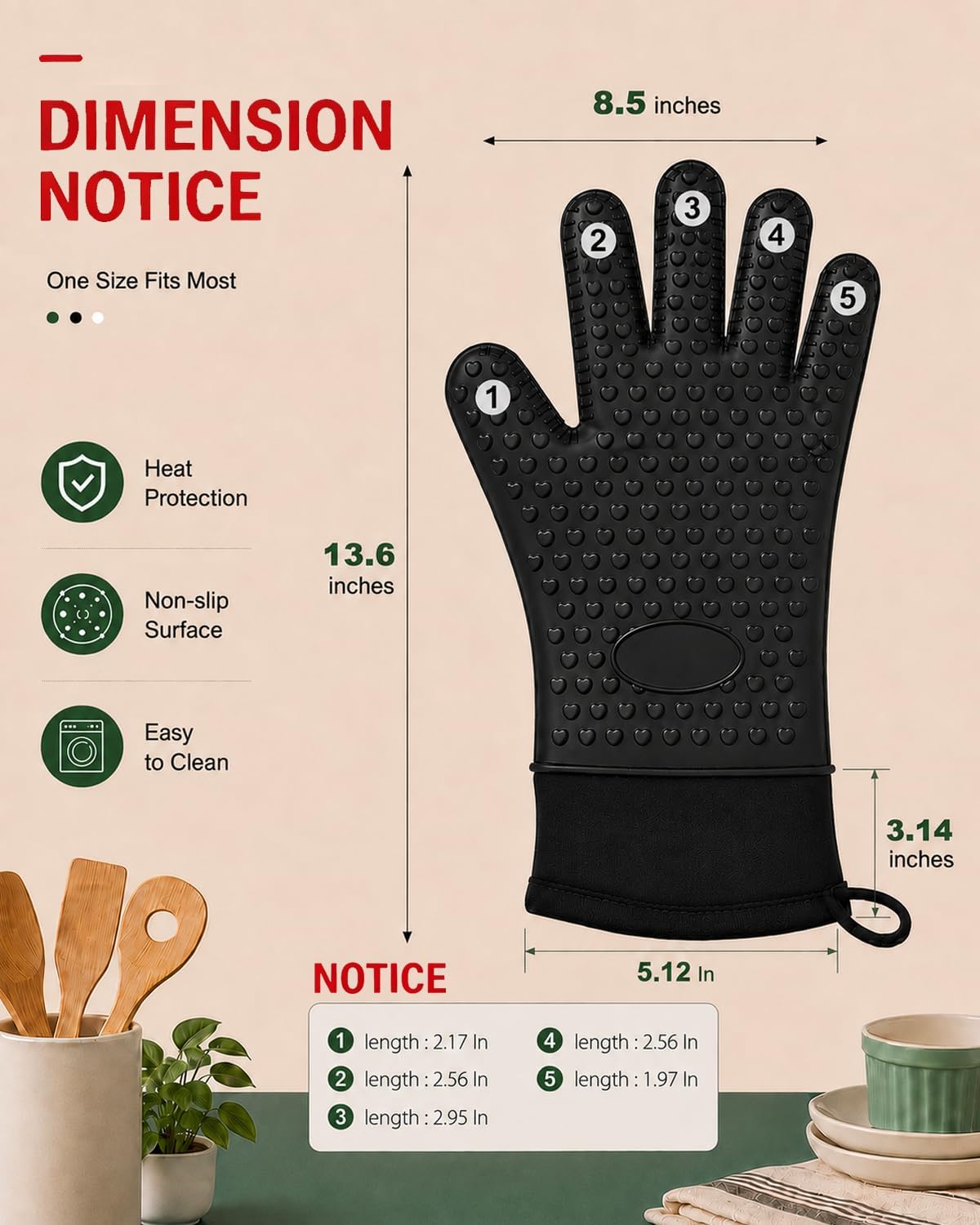 Silicone Oven Mitts with Fingers, 13.6" Oven Gloves for Baking, Cooking