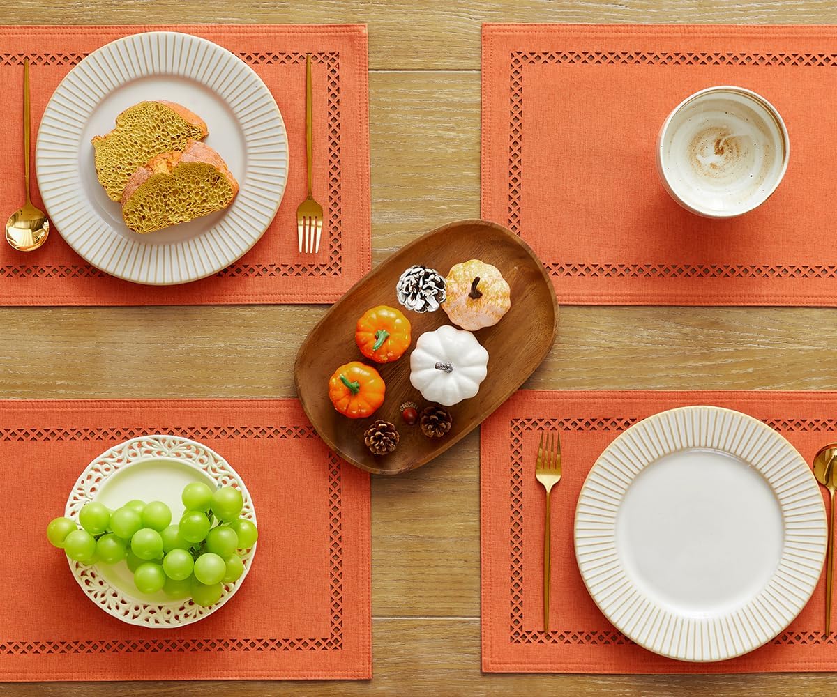 Orange Burlap Place Mats, Fall Placemats Set of 4, 12 x 18 Inch