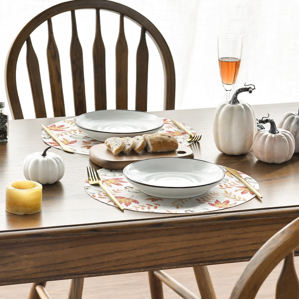 Artoid Mode Orange Pumpkins Fall Maple Leaves Round Fall Placemats Set of 4, 14 Inch Seasonal Autumn Round Table Mats for Dining Decoration