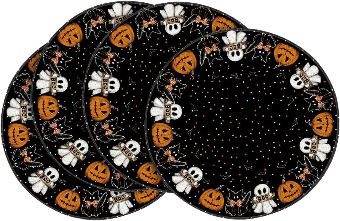 Artoid Mode Ghost Cat Halloween Round Placemats Set of 4-14 Inch