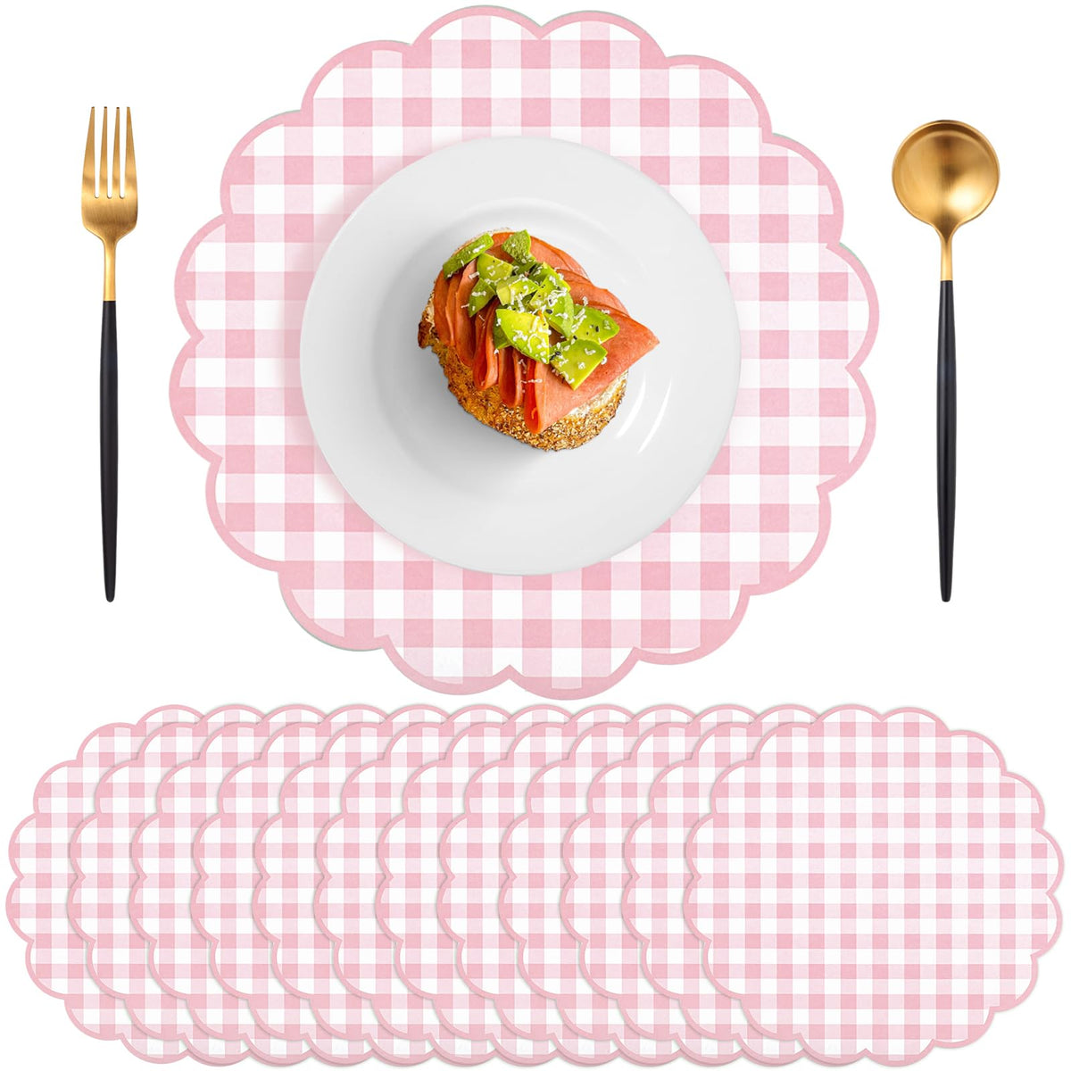 60 Pcs Sage Green Gingham Paper Placemats, Scalloped Checkered Place Mats