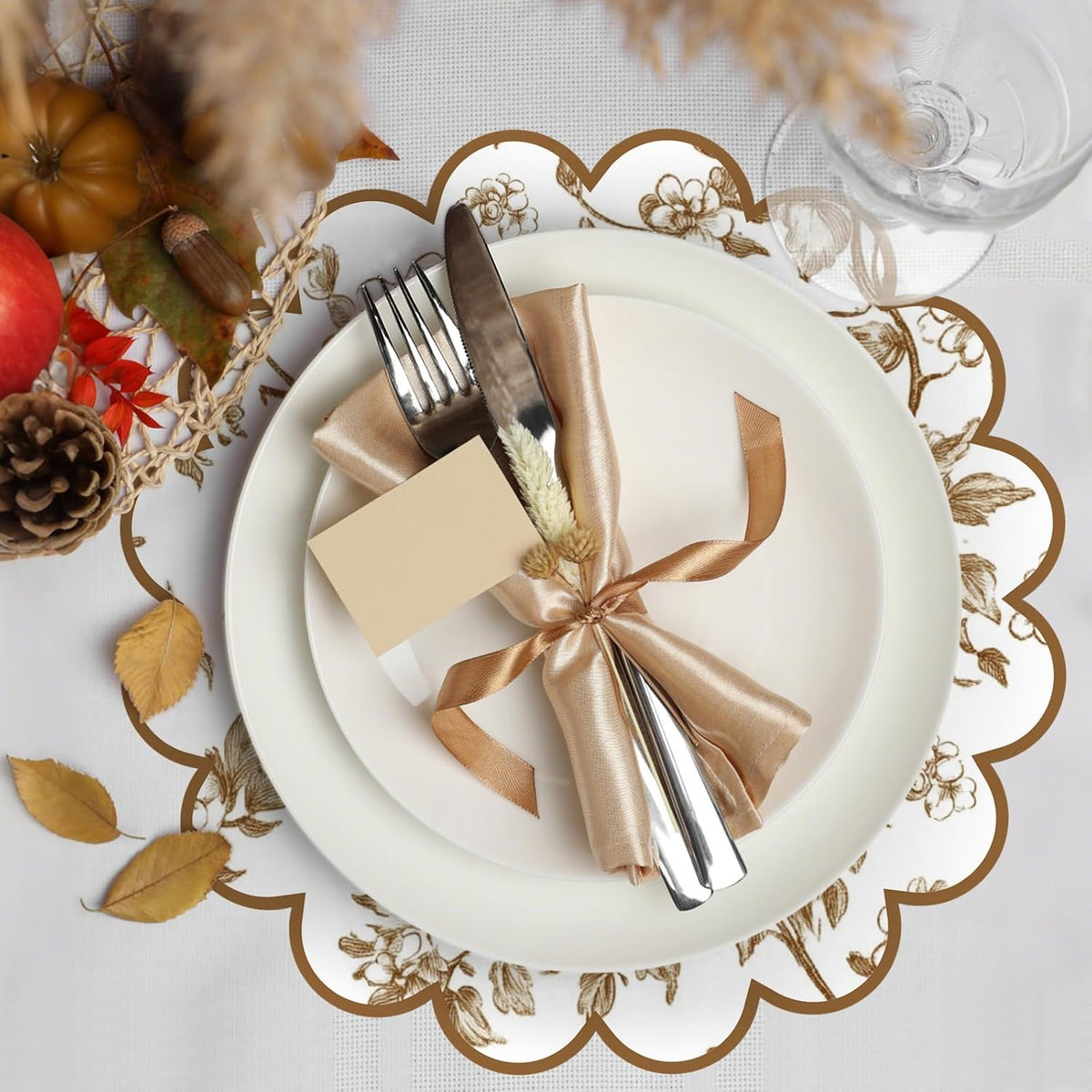 100 Pcs Fall Floral Paper Placemats 13.5 Inches Scalloped Brown Floral Paper Placemats Disposable Autumn Wildflower Place Mats for Wedding Bridal Baby Shower Thanksgiving Harvest Party Supplies