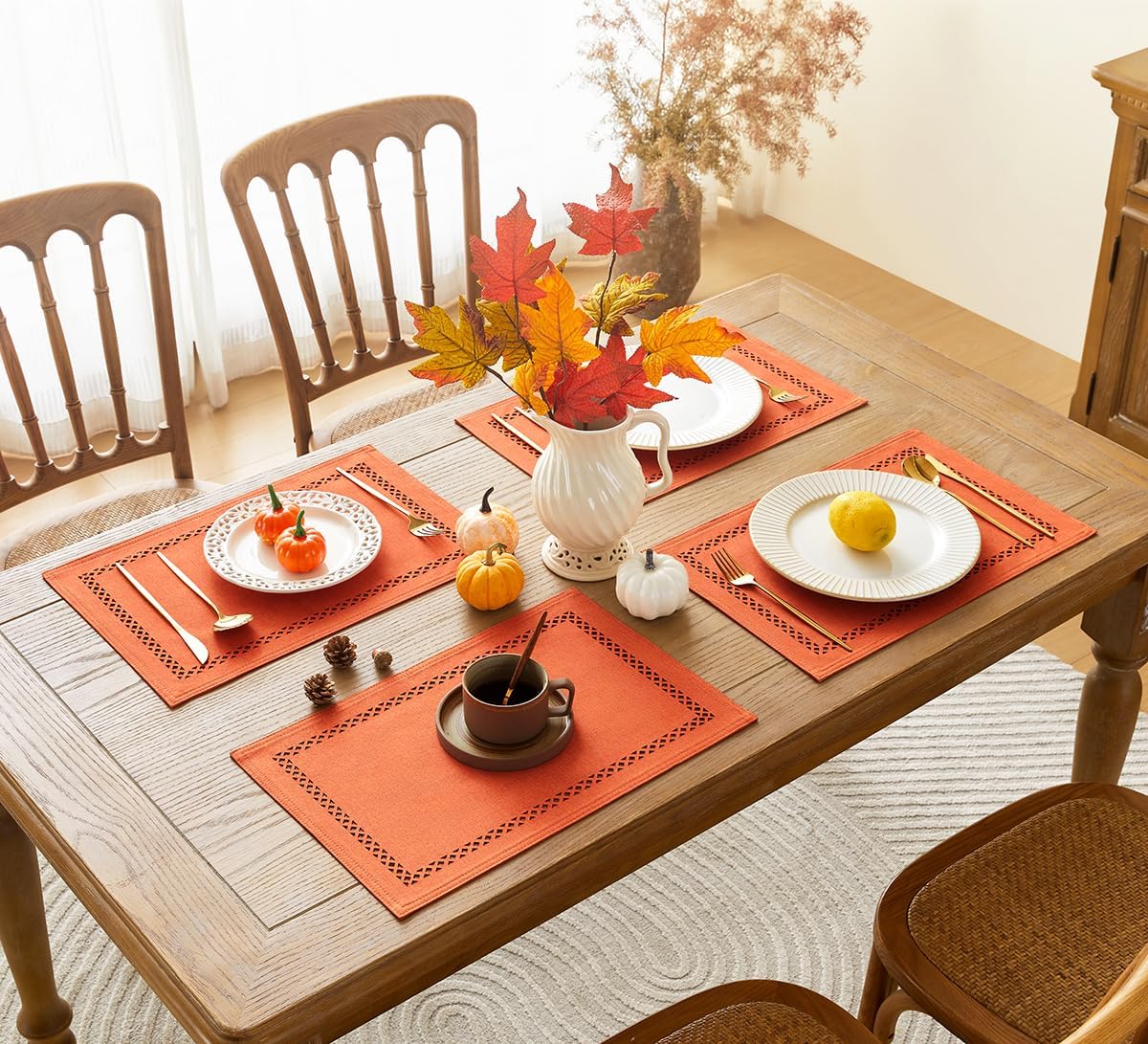 Orange Burlap Place Mats, Fall Placemats Set of 4, 12 x 18 Inch