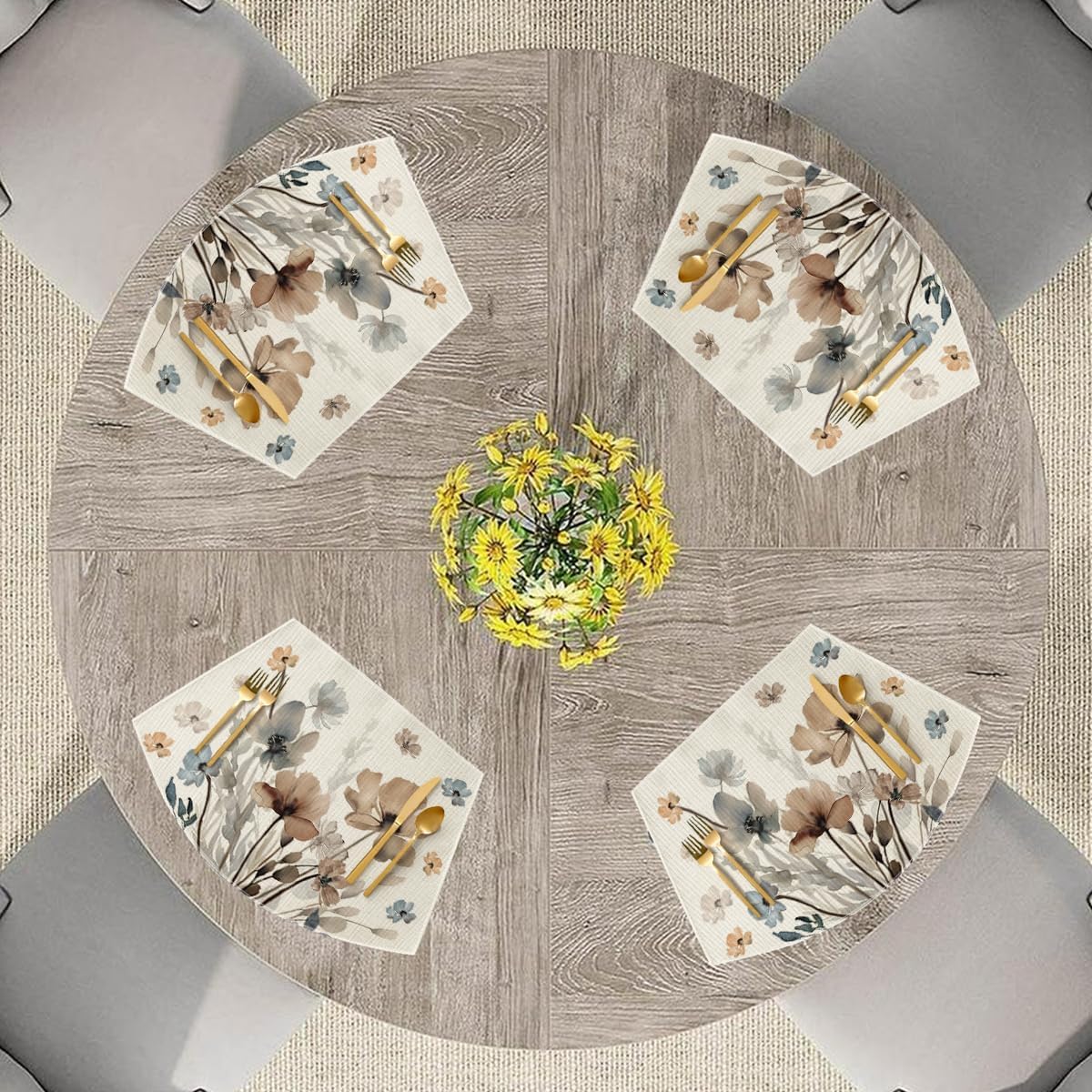 Artoid Mode Brown Poppy Floral Round Table Wedge Placemats Set of 4, Seasonal Kitchen Dining Table Decoration for Indoor Party Home