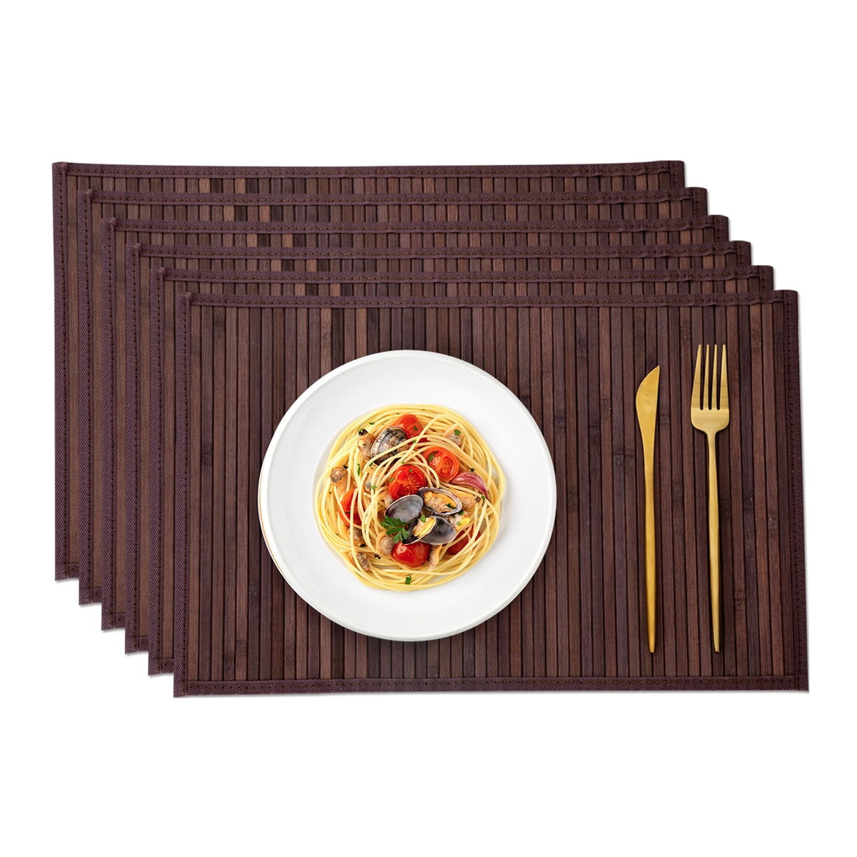 Bamboo Placemats Set of 4 with Fabric Border, Table Mats, Coffee