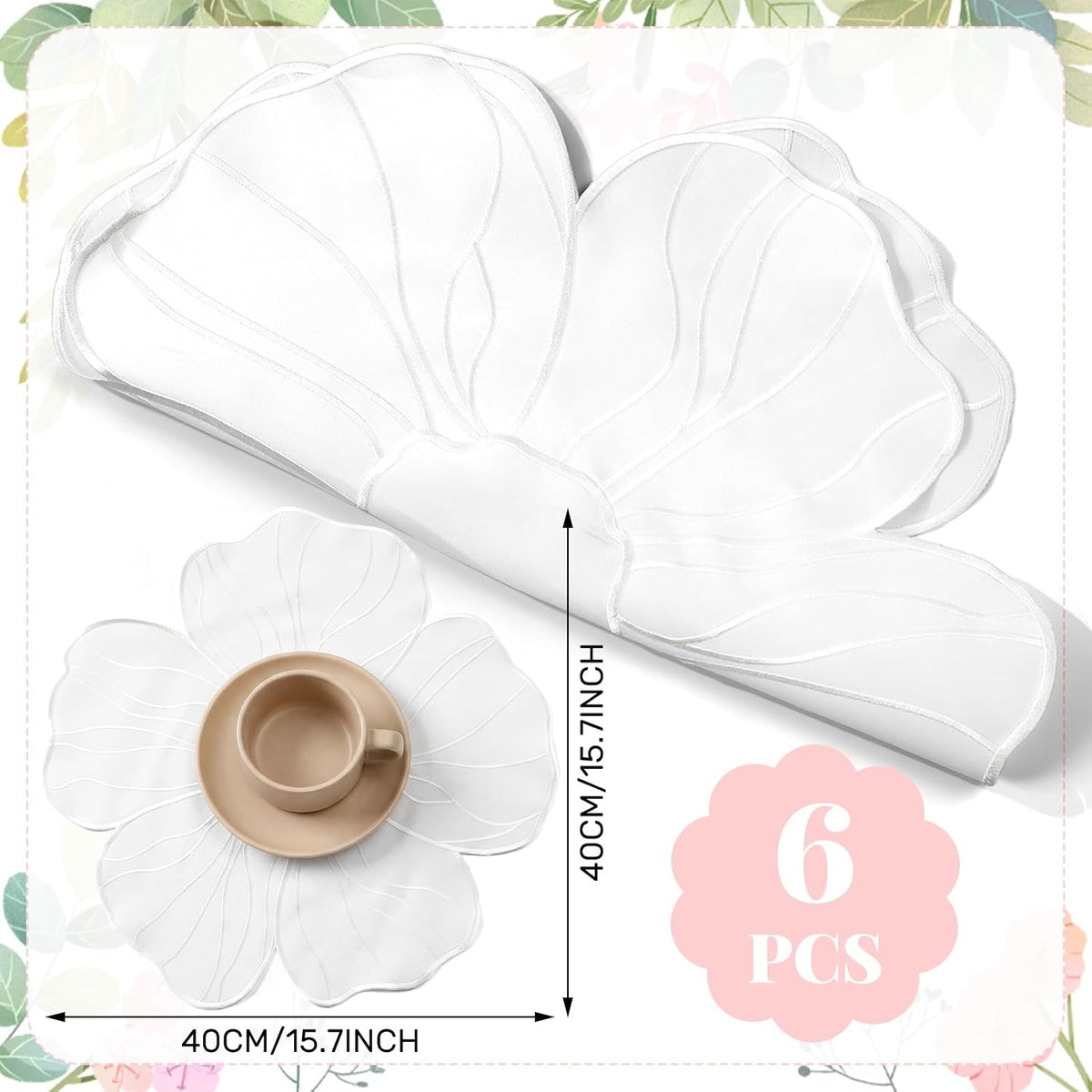 Set of 6 Elegant Floral Placemat 16'' Flower Shaped Place Mat (White)