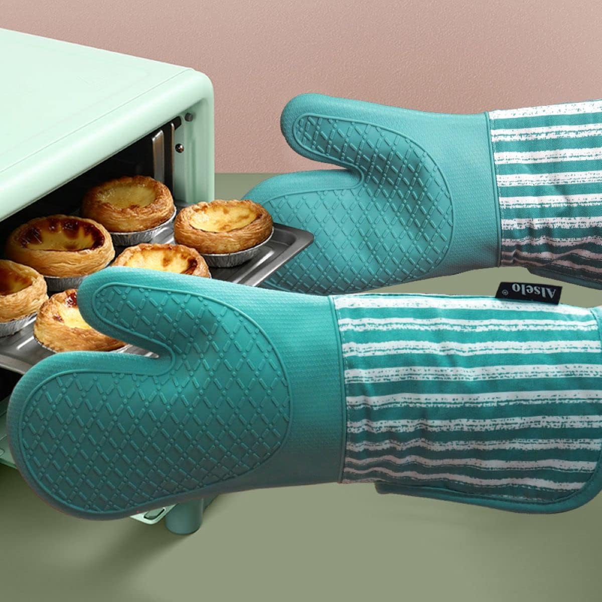 Alselo Silicone Oven Mitts Heat Resistant 932℉ with Waterproof & Non-Slip