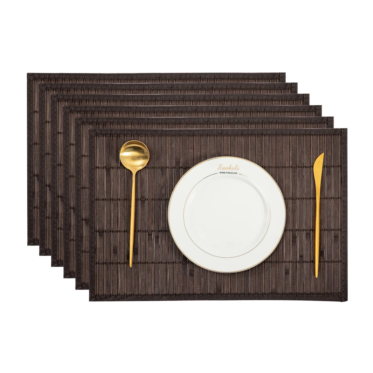 Bamboo Placemats Set of 4 with Fabric Border, Table Mats, Coffee
